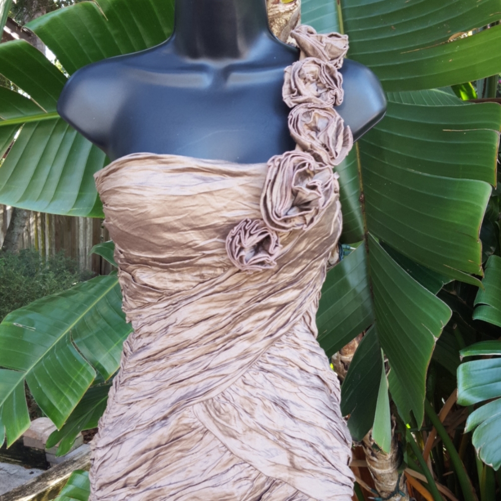 Bcbg metallic rosettes and ruched cocktail dress